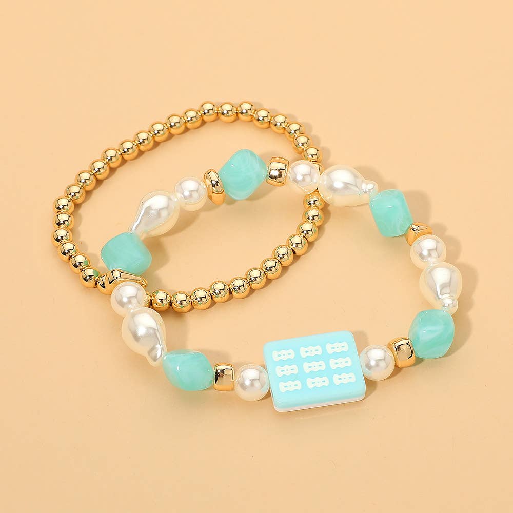 2PCS - Mahjong Tile Pearl Beaded Stretch Multi Layered Bracelets: Gold,Green