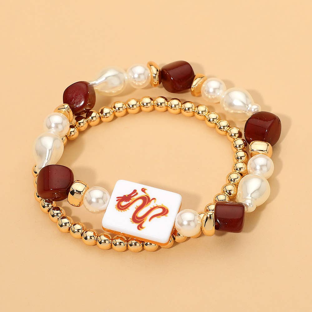2PCS - Mahjong Tile Pearl Beaded Stretch Multi Layered Bracelets: Blue,Gold