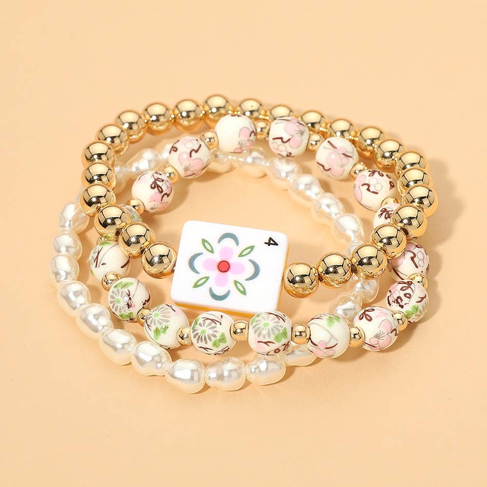 3PCS - Mahjong Charm Accent Floral Pearl Beaded Stretch Multi Layered Bracelets: Gold,Pink