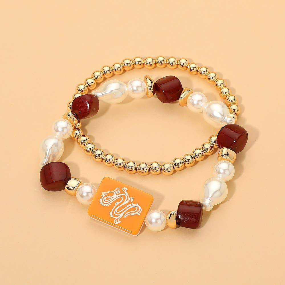 2PCS - Mahjong Tile Pearl Beaded Stretch Multi Layered Bracelets: Blue,Gold
