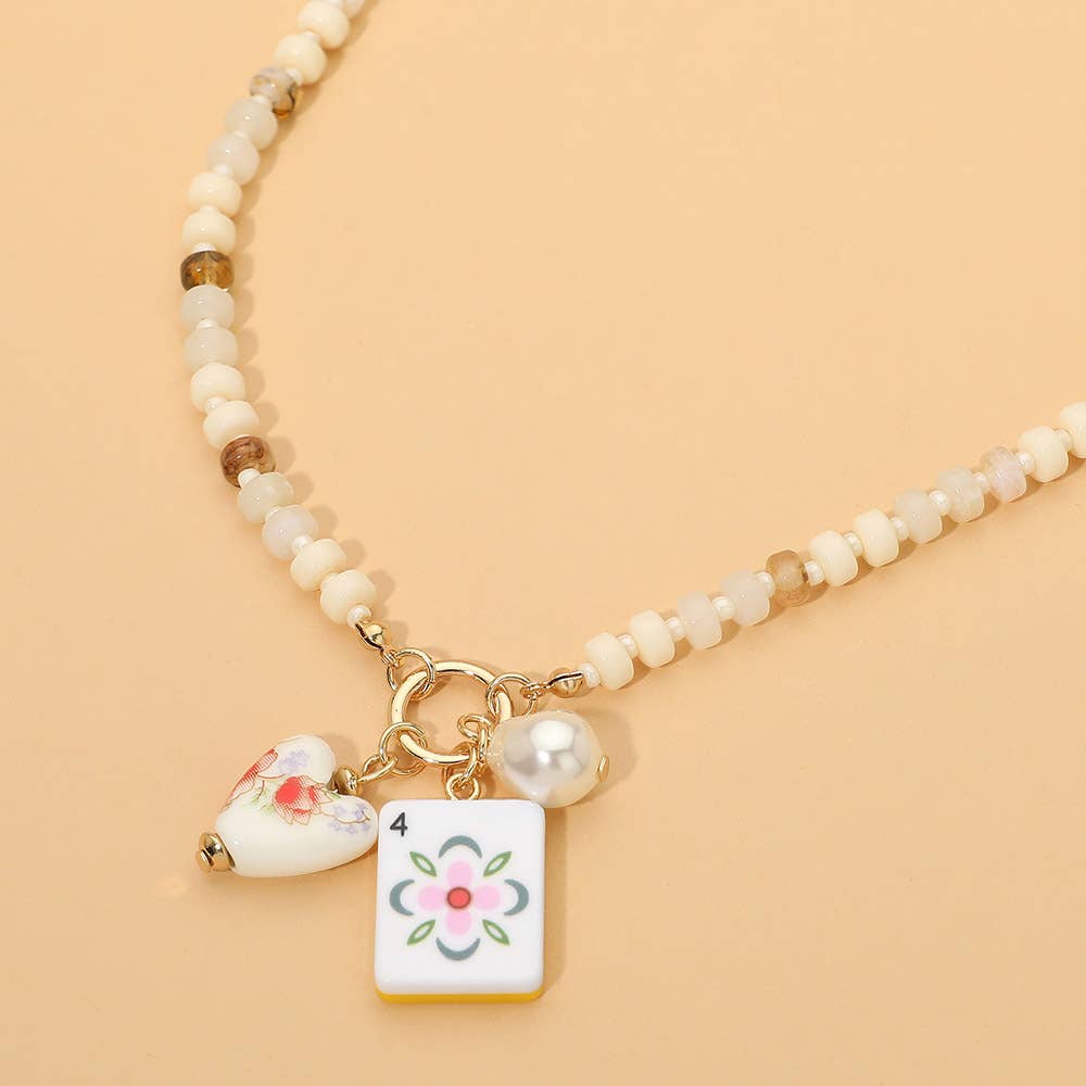 Mahjong Tile Charm Pearl Floral Bead Ball Charm Pendant Beaded Necklace: Gold,Mint