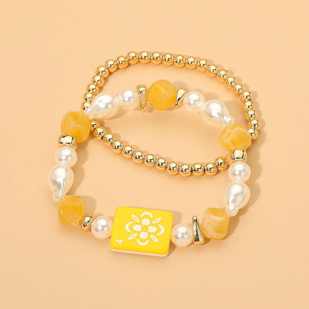 2PCS - Mahjong Tile Pearl Beaded Stretch Multi Layered Bracelets: Blue,Gold