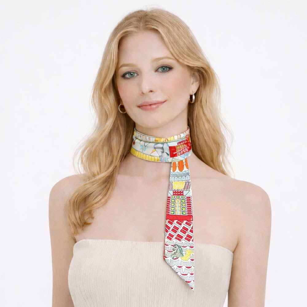 Story Tiles Print Silk Feel Twilly Skinny Scarf: Red
