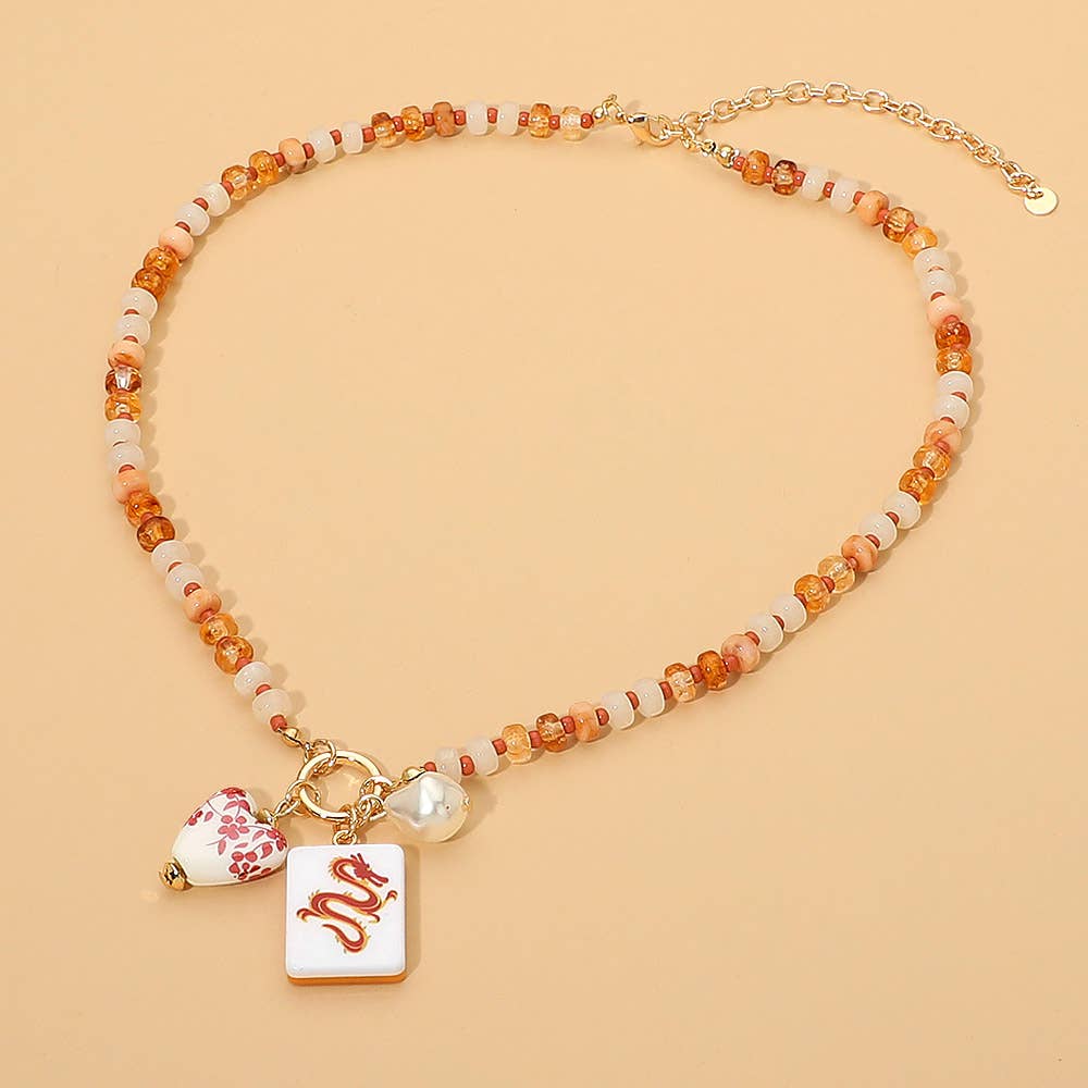 Mahjong Tile Charm Pearl Floral Bead Ball Charm Pendant Beaded Necklace: Gold,Green