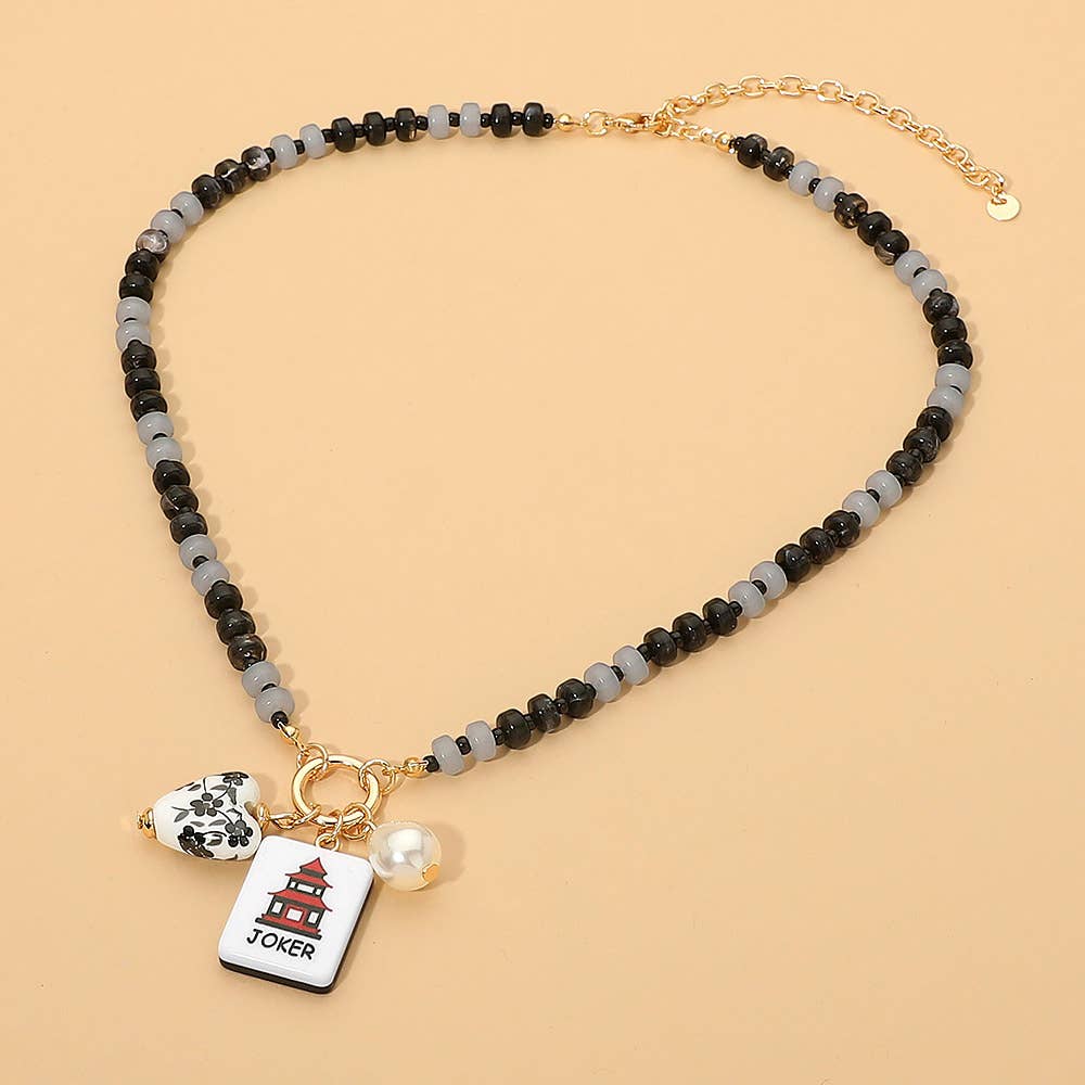 Mahjong Tile Charm Pearl Floral Bead Ball Charm Pendant Beaded Necklace: Gold,Mint