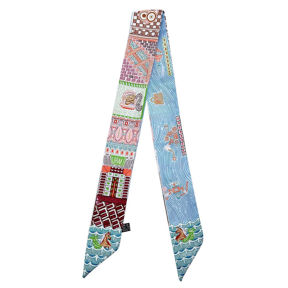 Story Tiles Print Silk Feel Twilly Skinny Scarf: Red