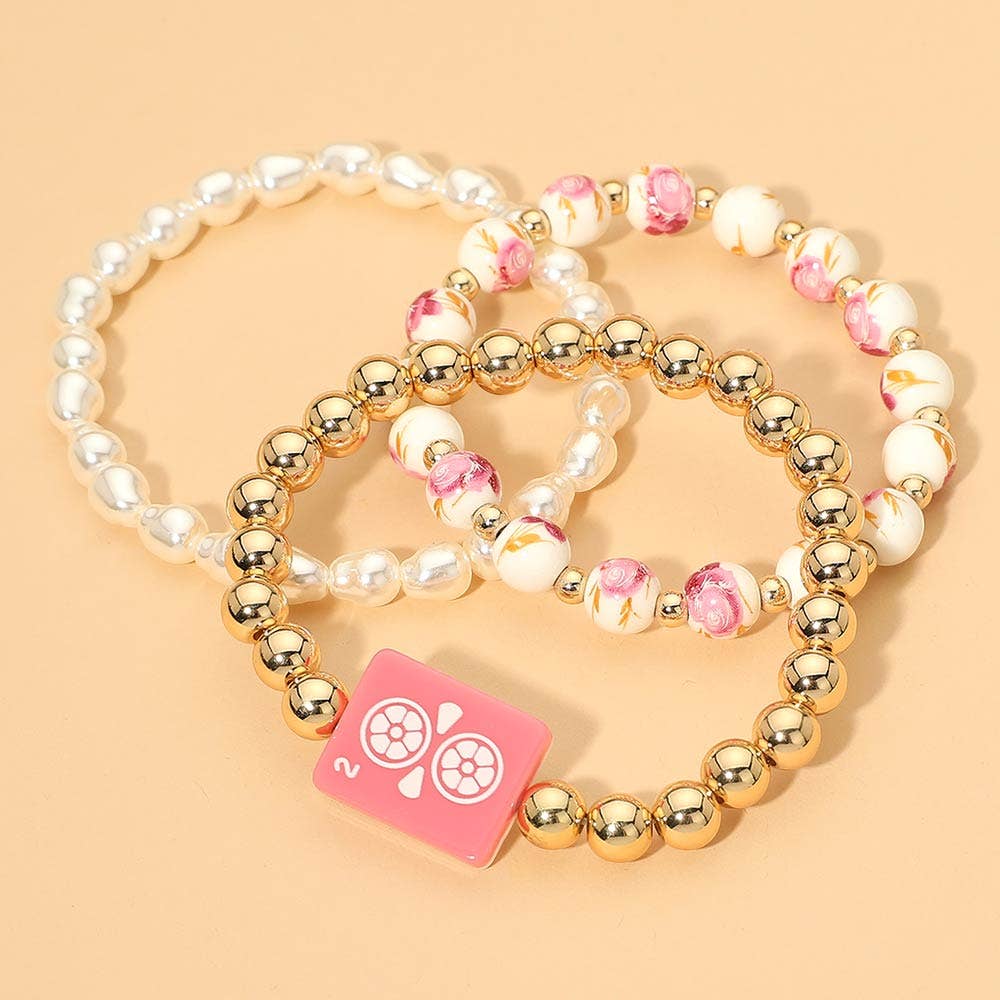 3PCS - Mahjong Charm Accent Floral Pearl Beaded Stretch Multi Layered Bracelets: Gold,Pink