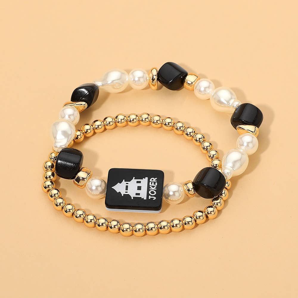 2PCS - Mahjong Tile Pearl Beaded Stretch Multi Layered Bracelets: Gold,Green